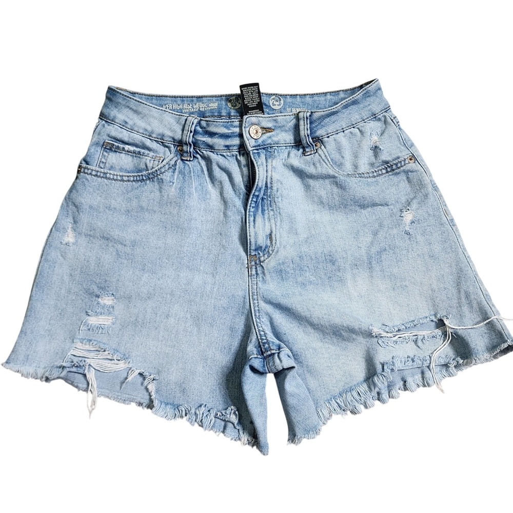 Rewash Super High Rise Wedge Midi Distressed Denim Shorts Light Wash 9 29